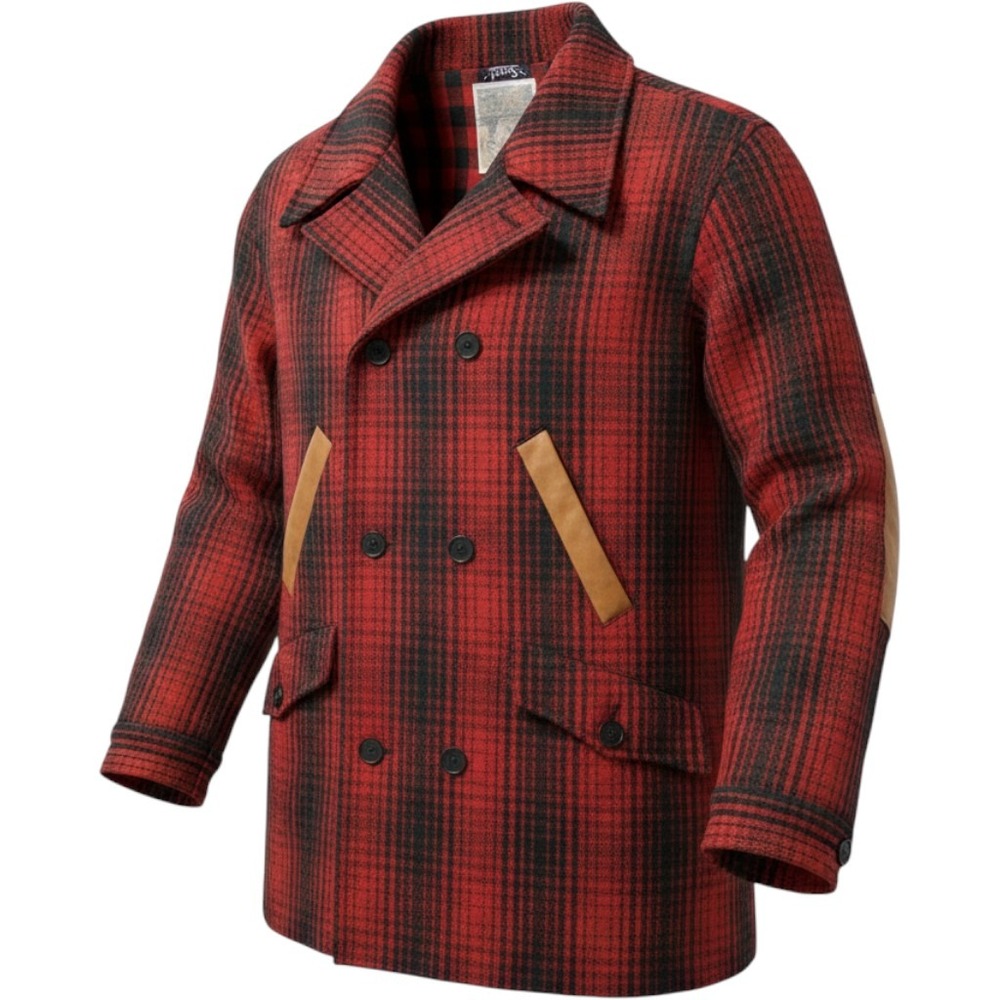 PRPS Goods & Co Mens XXL Red Black Plaid Wool Blend Leather Patch Pea Coat Jacke